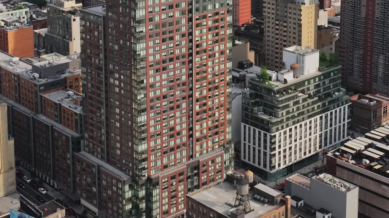 Aerial view of urban buildings in New York City captured by drone