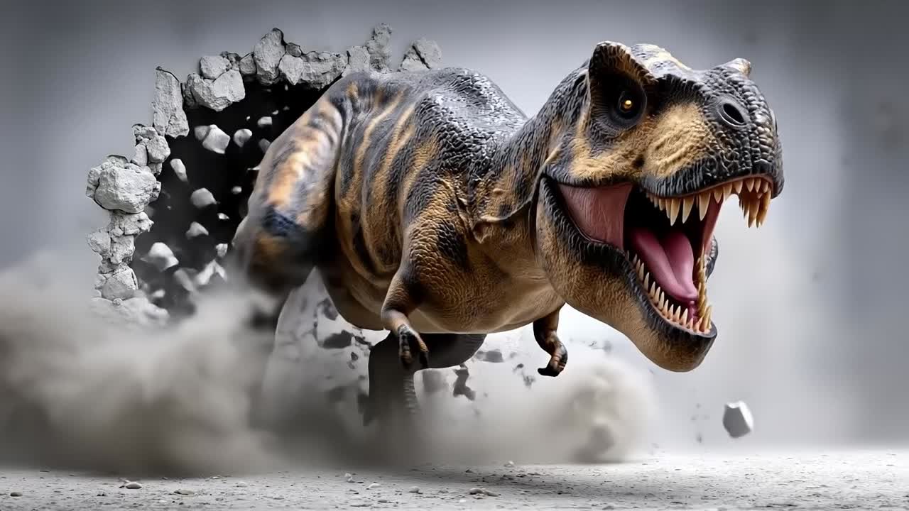 A t-rex is running through a hole in the ground