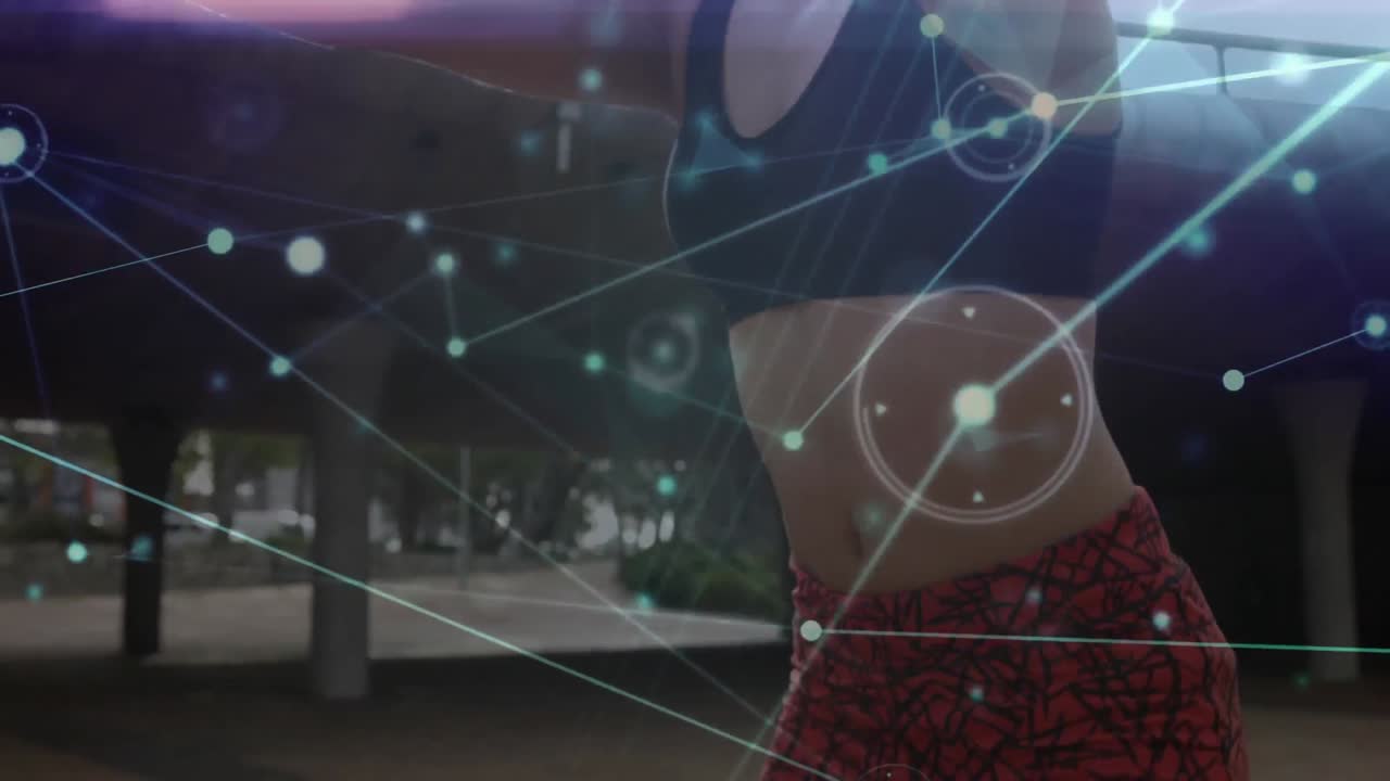 animación de la red de conexiones sobre mujeres que hacen ejercicio al aire libre