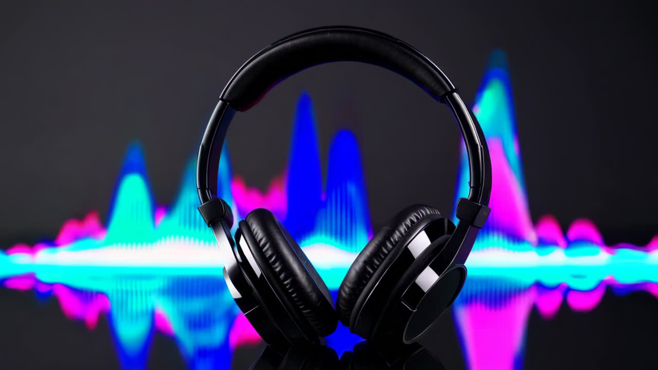 Black Headphones with Colorful Waveform Background