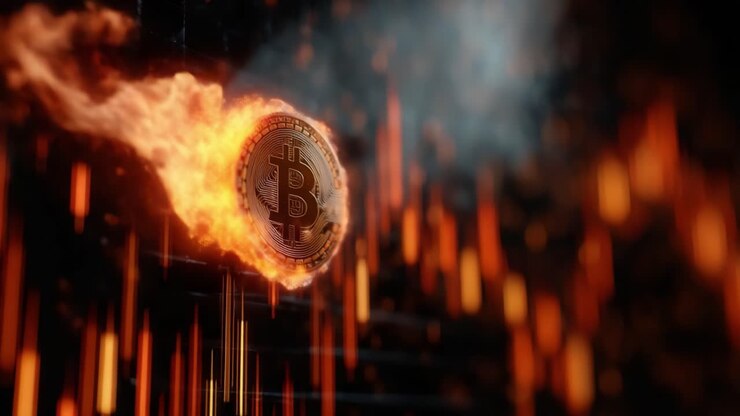Rappresentazione dinamica della progressione delle criptovalute: una moneta Bitcoin che si infiamma su uno sfondo scuro, a simboleggiare la volatilità del mercato e l'innovazione digitale