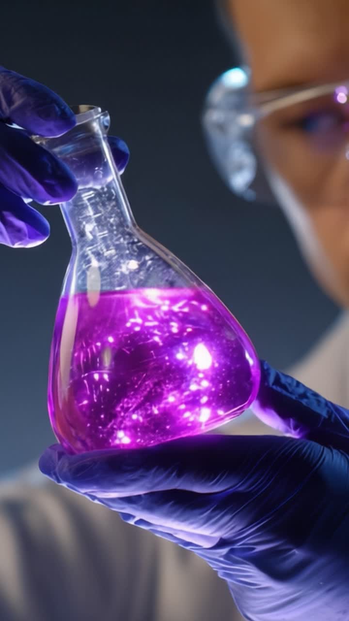 Scientist Conducting Experiment with Purple Chemical Solution in Laboratory Beaker, Showing Scientific Precision and Enthusiasm for Research