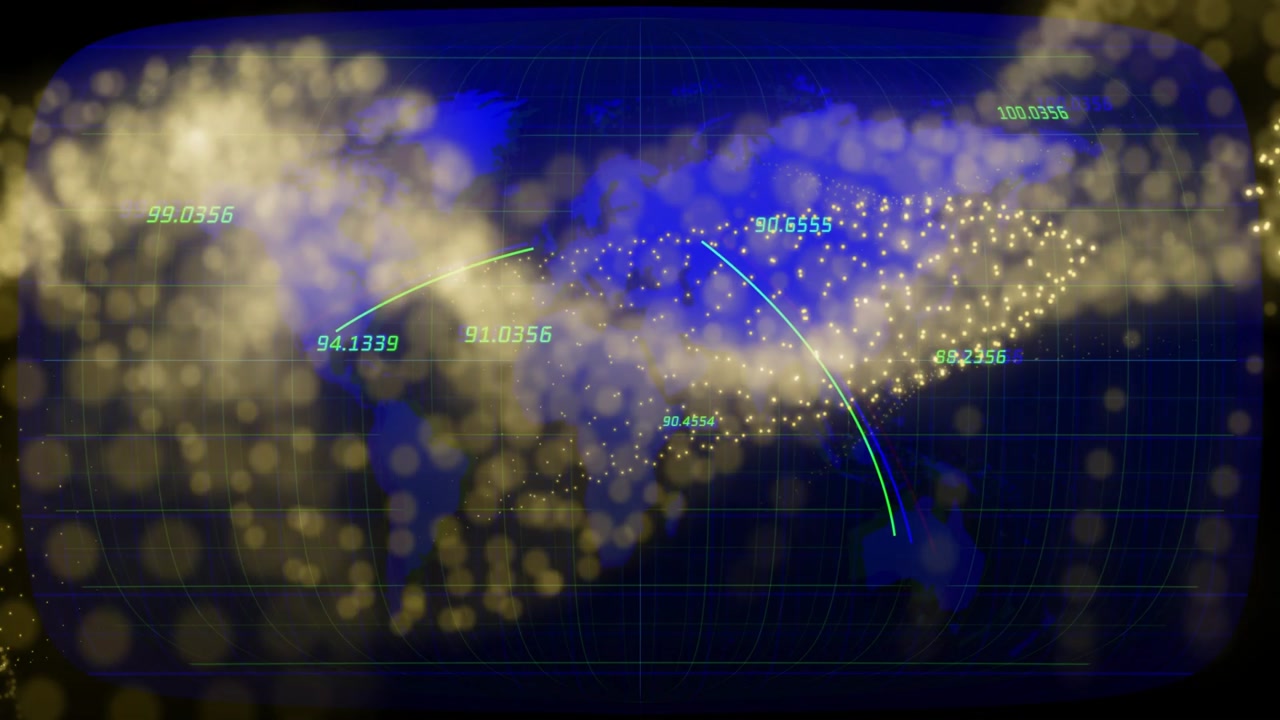 Gold bokeh entering left sparking ribbons, drawing cyan arcs, updating teal numbers, showing data
