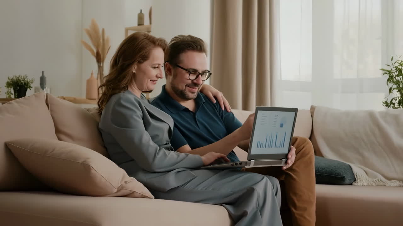 Couple reviewing data on a laptop on the couch at home