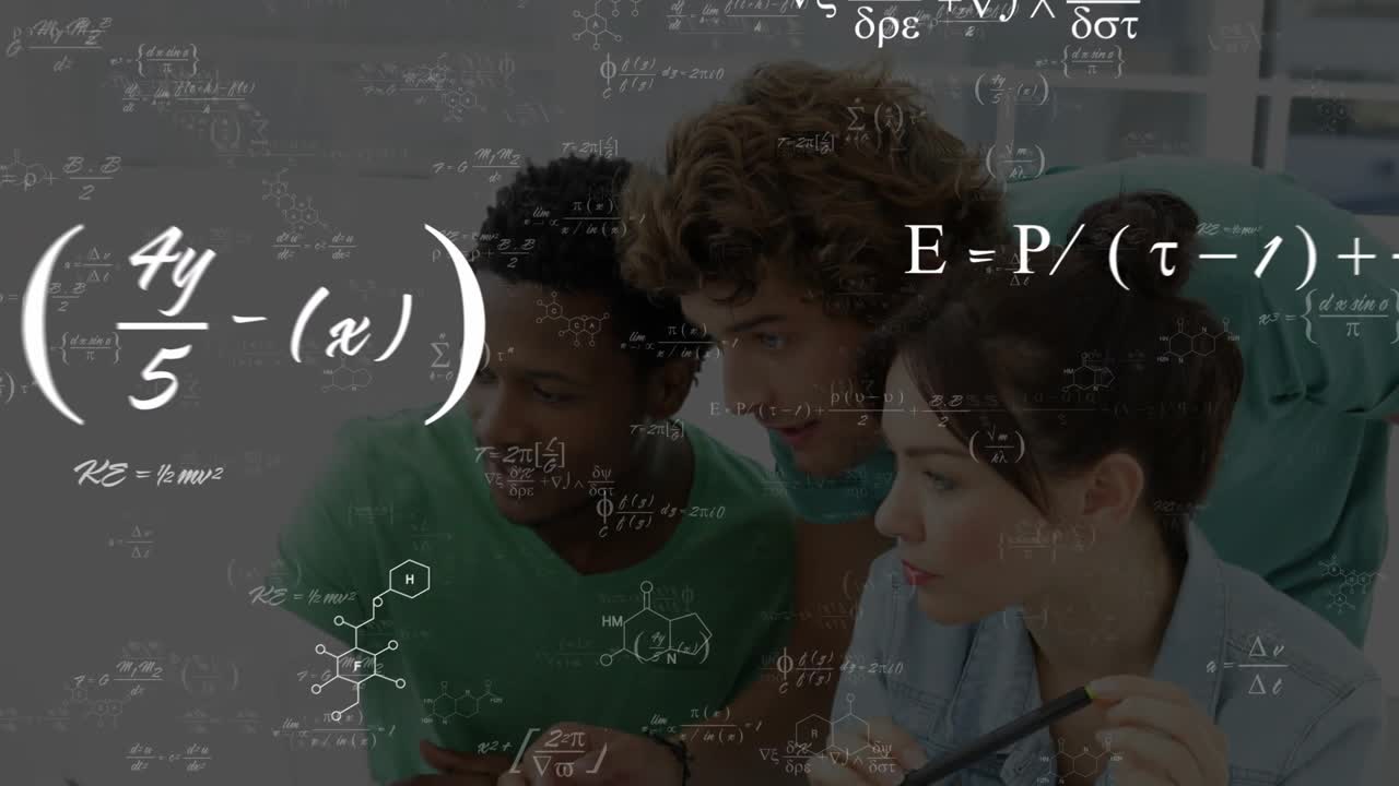 Third joining, leaning in while peers pointing as formulas overlaying screen, solving study problem