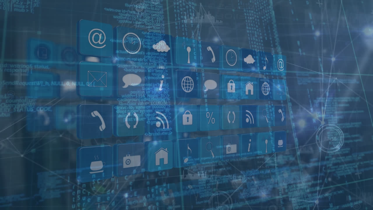 Animation of network of connections with media icons over data processing
