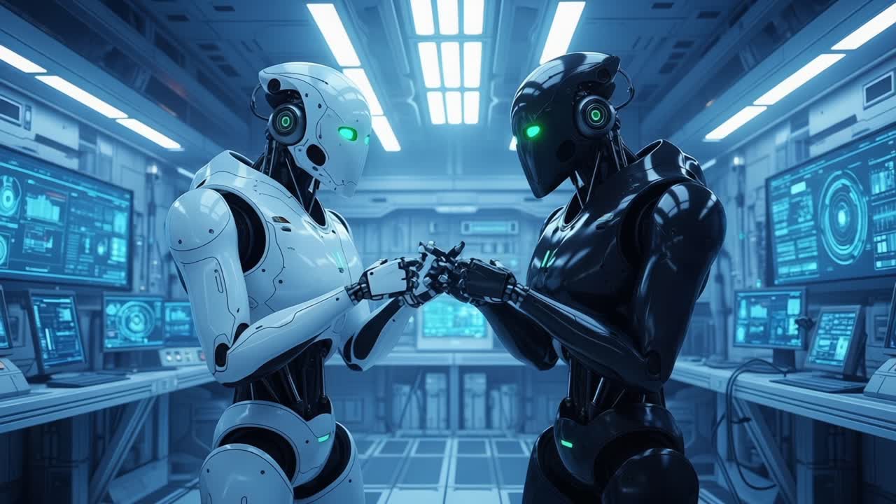 A Futuristic Encounter Between Advanced Robots in a High-Tech Control Room Showcasing Their Intricate Designs and Connectivity in a Detailed Sci-Fi Environment