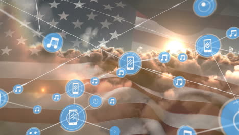 animation of network of connections with smartphone icons over flag of usa