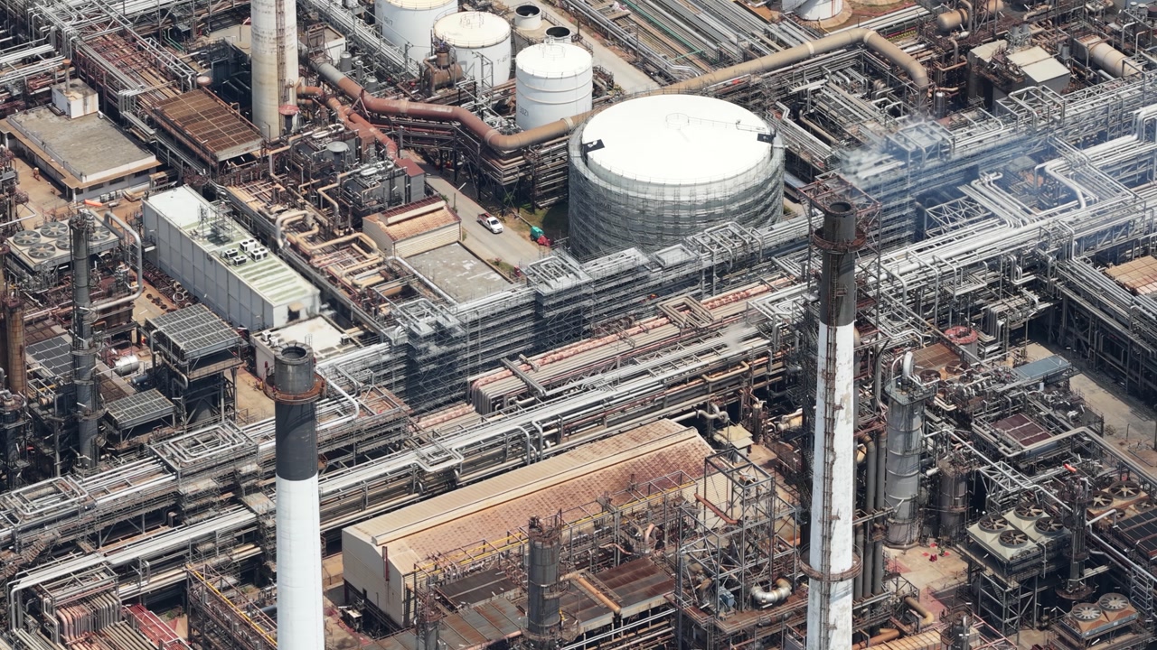 High angle perspective revealing the intricate network of pipelines, storage tanks, and smokestacks of a large industrial oil and gas refinery complex producing fossil fuels
