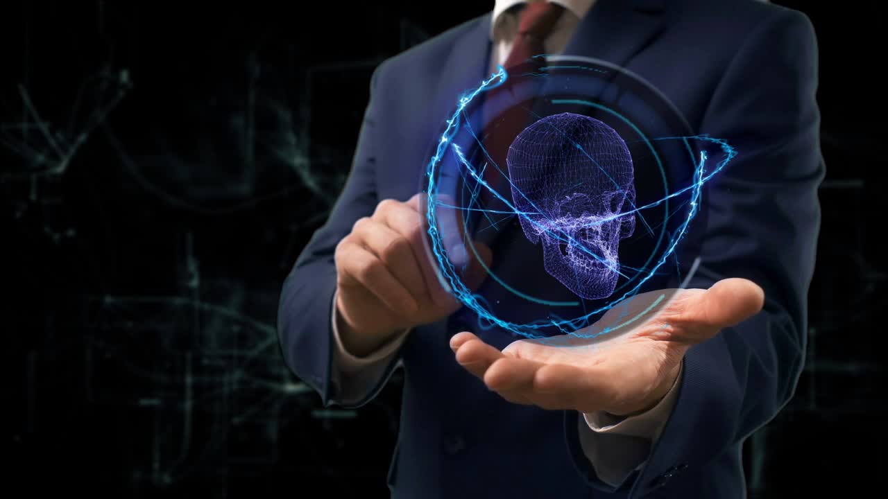 Businessman shows concept hologram 3d skull on his hand