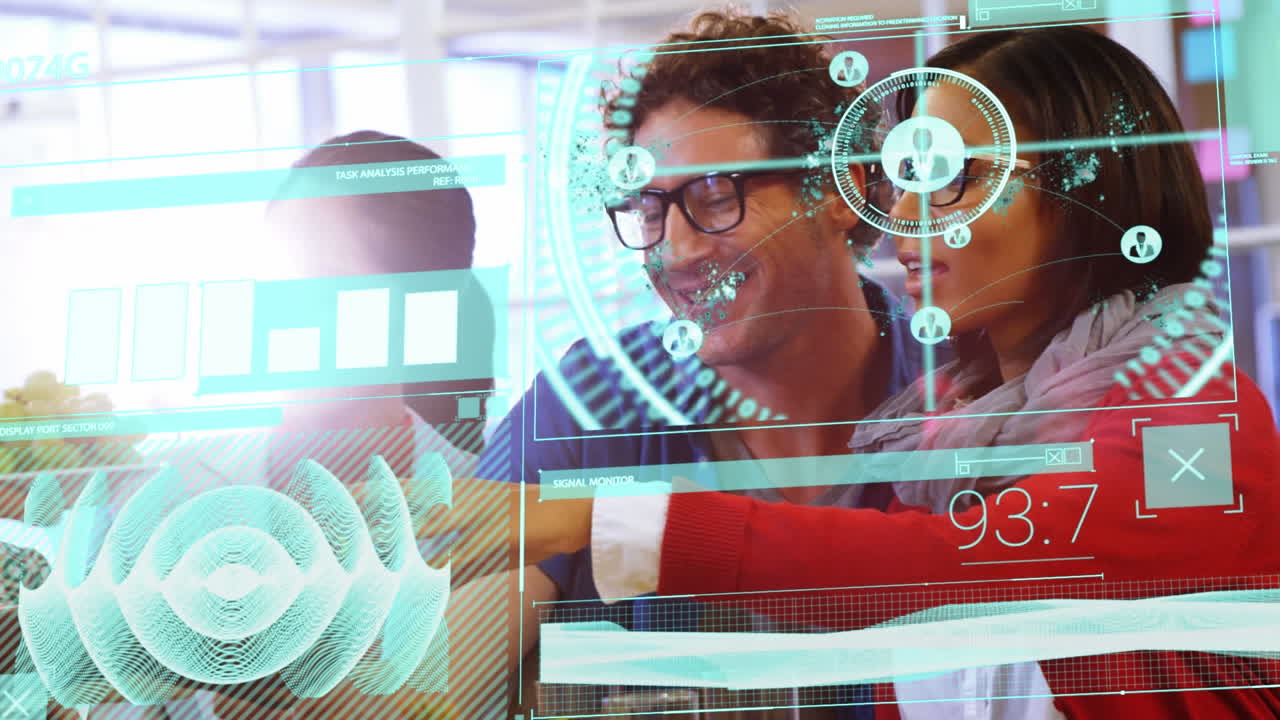Animation of financial data processing over diverse business people