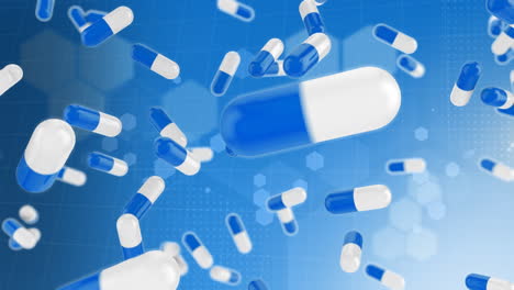 digital animation of medical pills falling against against chemical structures on blue background