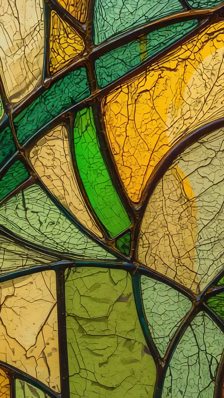 Vertical video: Panning camera revealing stained glass at window, showing crackle and amber streak