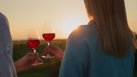 young couple clinking glasses of red wine against the backdrop of a landscape with a sunset