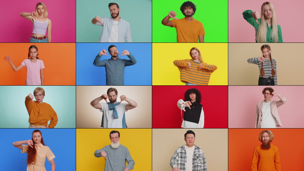collage de molesto frustrado diversas personas da pulgares hacia abajo retroalimentación negativa desaprobación fracasar perder