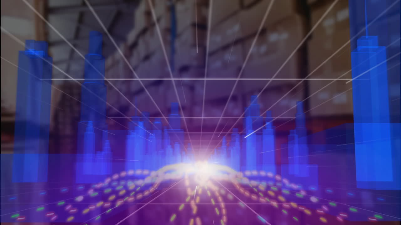 In warehouse, glowing lines and graphs creating digital data visualization animation