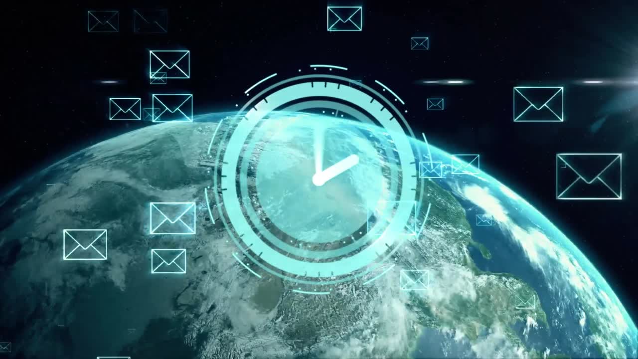 Animation of clock moving fast network of connections with envelopes over globe