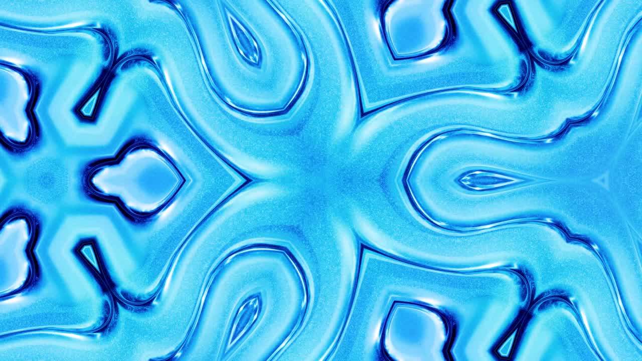 Abstract symmetric background with star symmetry. Mandala with waves. Looped abstract blue liquid background with wavy sparkling pattern, shiny glossy surface. Kaleidoscope effect