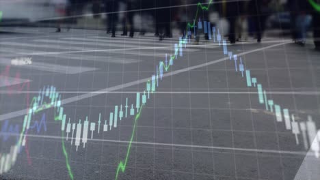 animation of multiple graph and numbers over time-lapse of low section of people crossing road