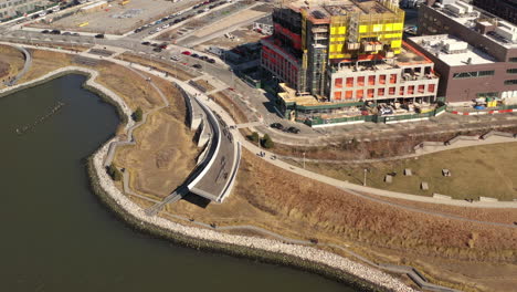 An-aerial-view-over-the-East-River-on-a-sunny-day