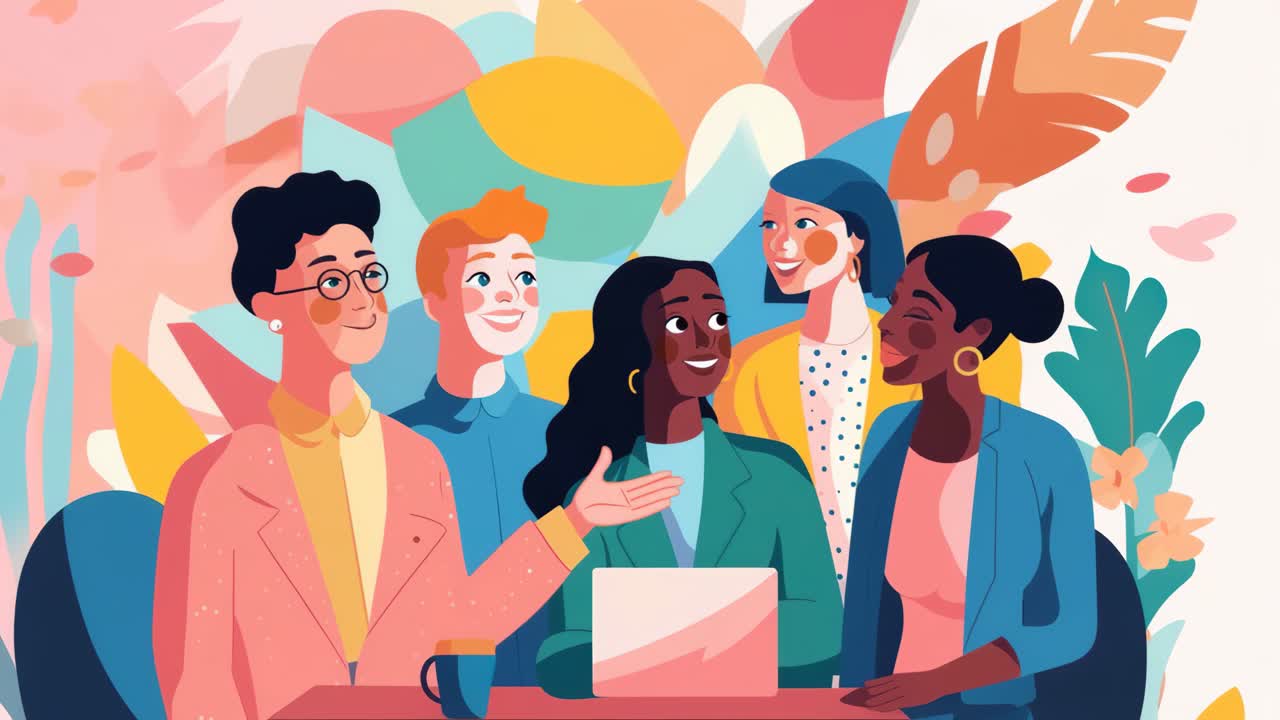 Colorful illustration of diverse colleagues in a meeting, viewed from a front angle