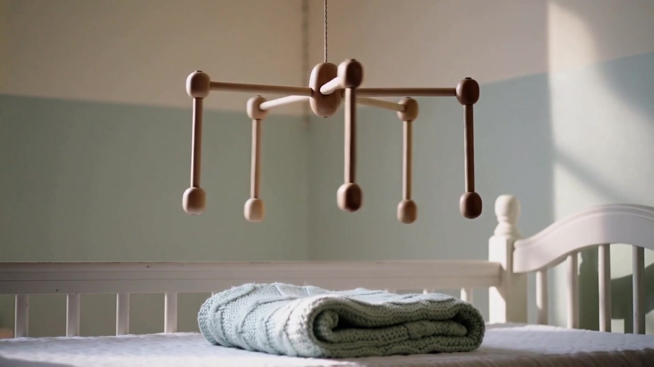 Rotating wooden baby mobile swinging above crib, window draft nudging settling near folded blanket