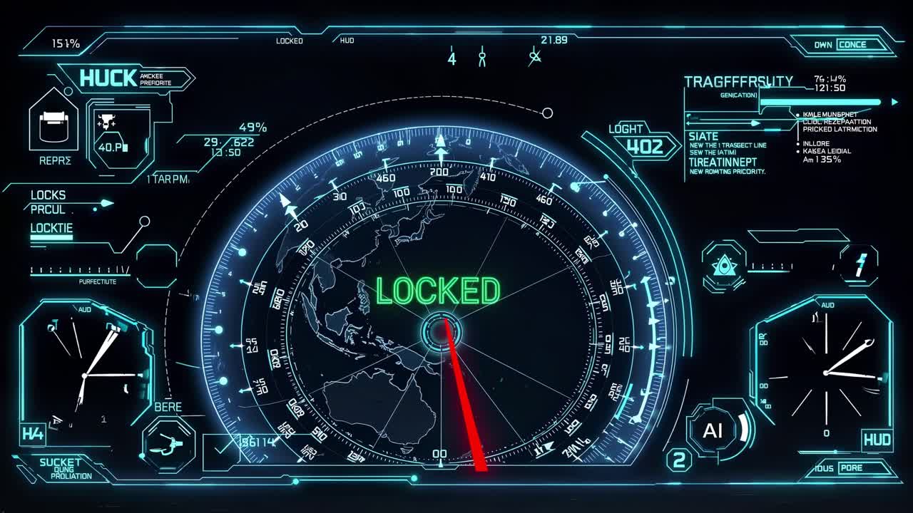 Complex digital interface showcasing flight parameters, target acquisition data, and system status indicators, highlighting advanced technology and precision targeting in a futuristic environment