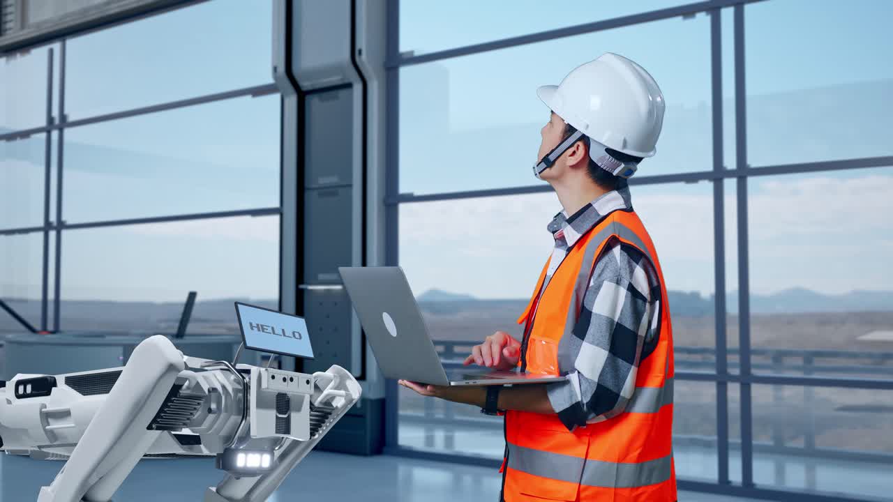 ingegnere robot di monitoraggio in una struttura moderna