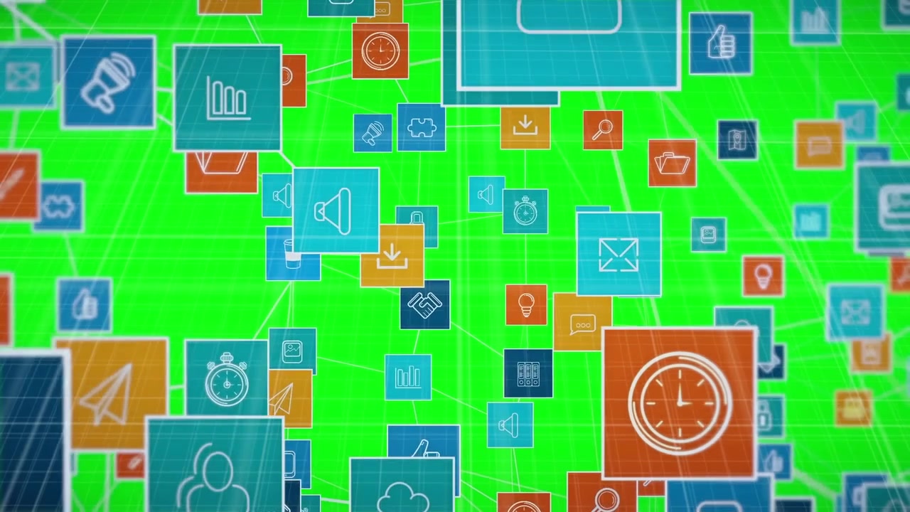 Animation of digital icons over green screen background