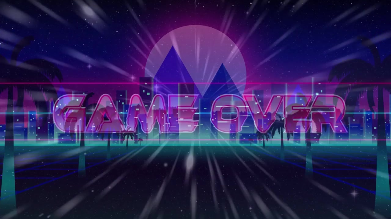 Radial sun beams pulsing, chrome neon GAME OVER title appearing, streaks falling, marking game end