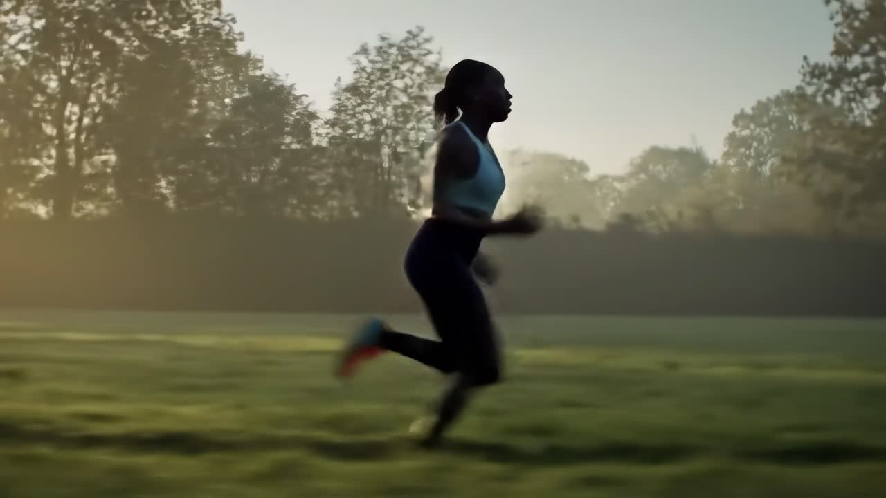 Young black sportswoman running across grassy park landscape during early morning golden sunrise, demonstrating fitness determination and athletic energy while training outdoors