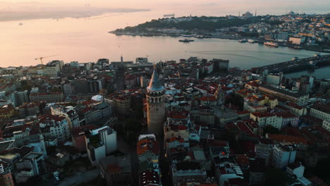 Drone-takes-aerial-view-of-Galata-tower-at-sunrise