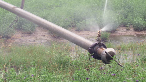 sprinkler from a rolling irrigation system rotating fast to the left