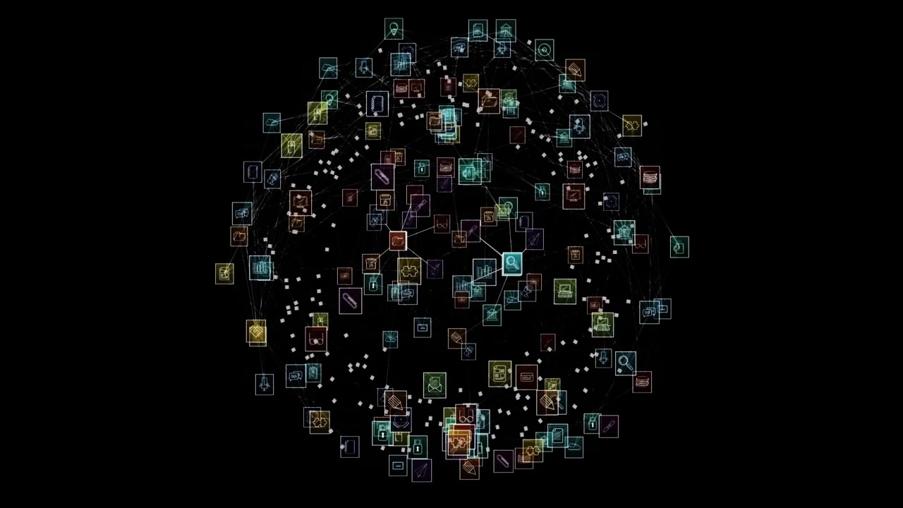 Forming sphere, digital data nodes and connections, network animation on black background