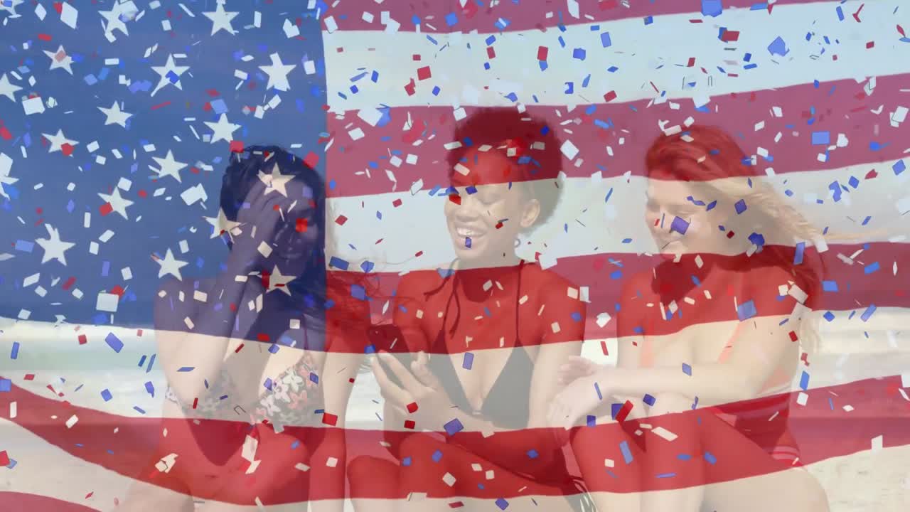 Animation of american flag and confetti over diverse female friends at beach