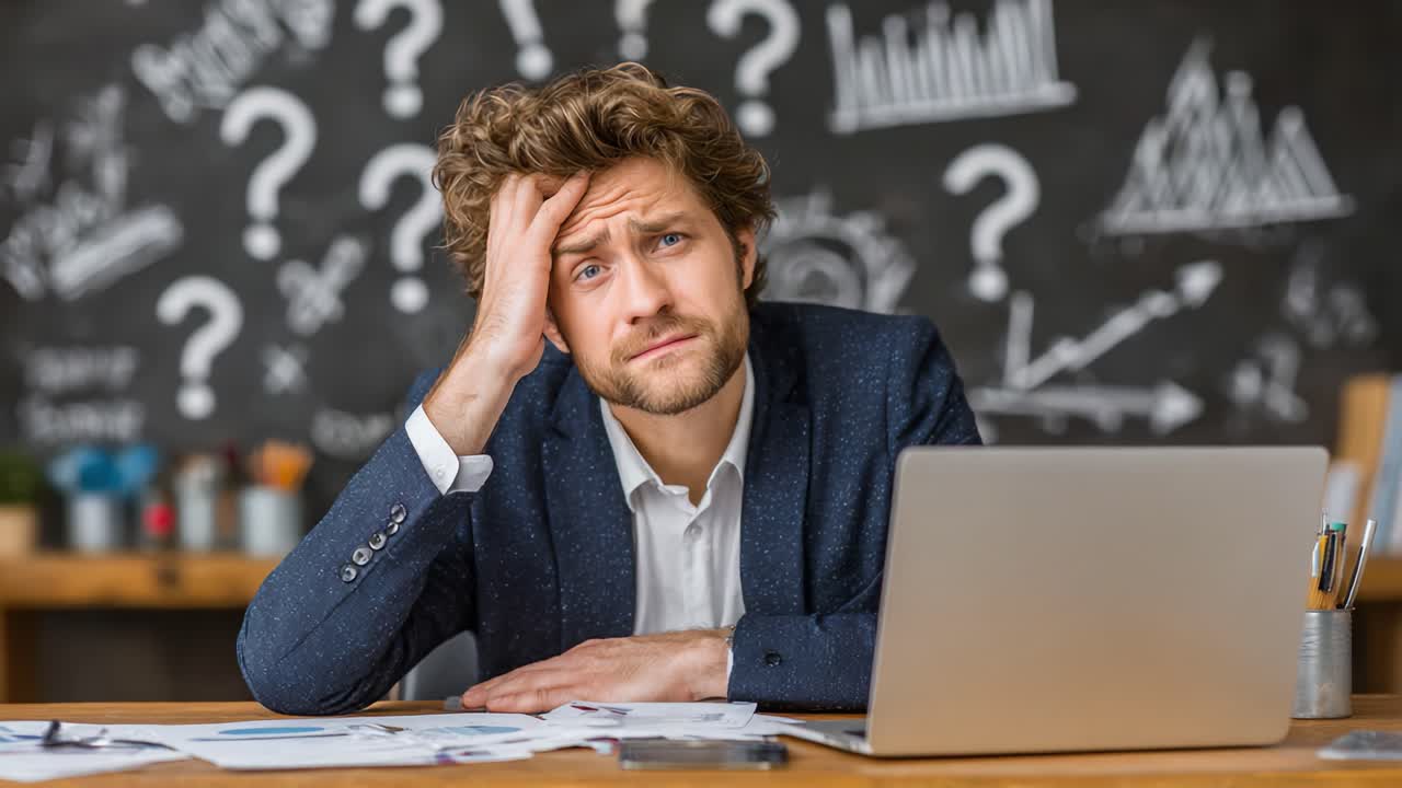 A young man in a suit appears troubled and confused while seated at his desk, surrounded by papers and a laptop, under a backdrop filled with question marks