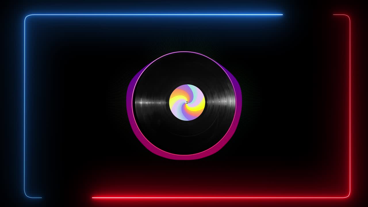 빛나는 네온 라인 및 비닐 디스크와 다채로운 스티커 회전 및 시각 오디오 라인이 검은 바탕에 음악의 비트에.