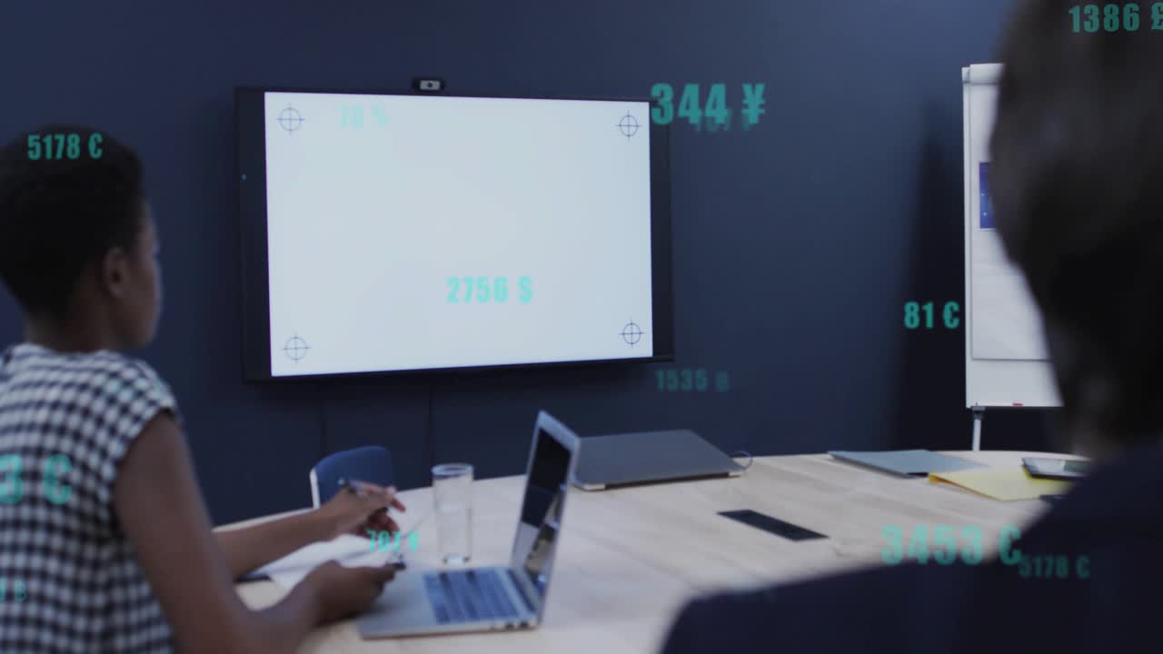 Businesswoman starting meeting at table for monitoring floating financial and temperature metrics