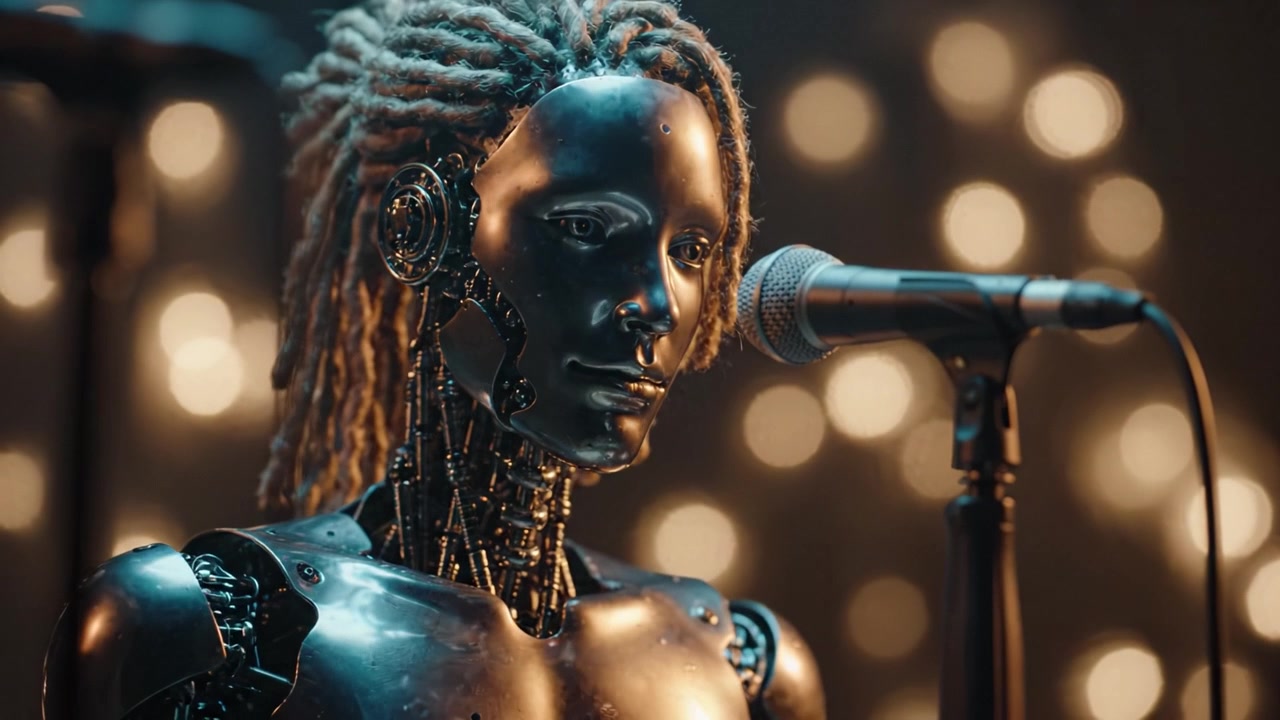 Un cantante robotico futuristico si esibisce con passione con un microfono, mostrando texture ipnotizzanti e dettagli intricati, illuminato da luci soffuse e brillanti sullo sfondo