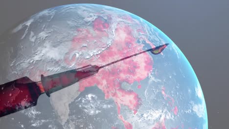 animation of digital globe spinning with syringe filled with liquid