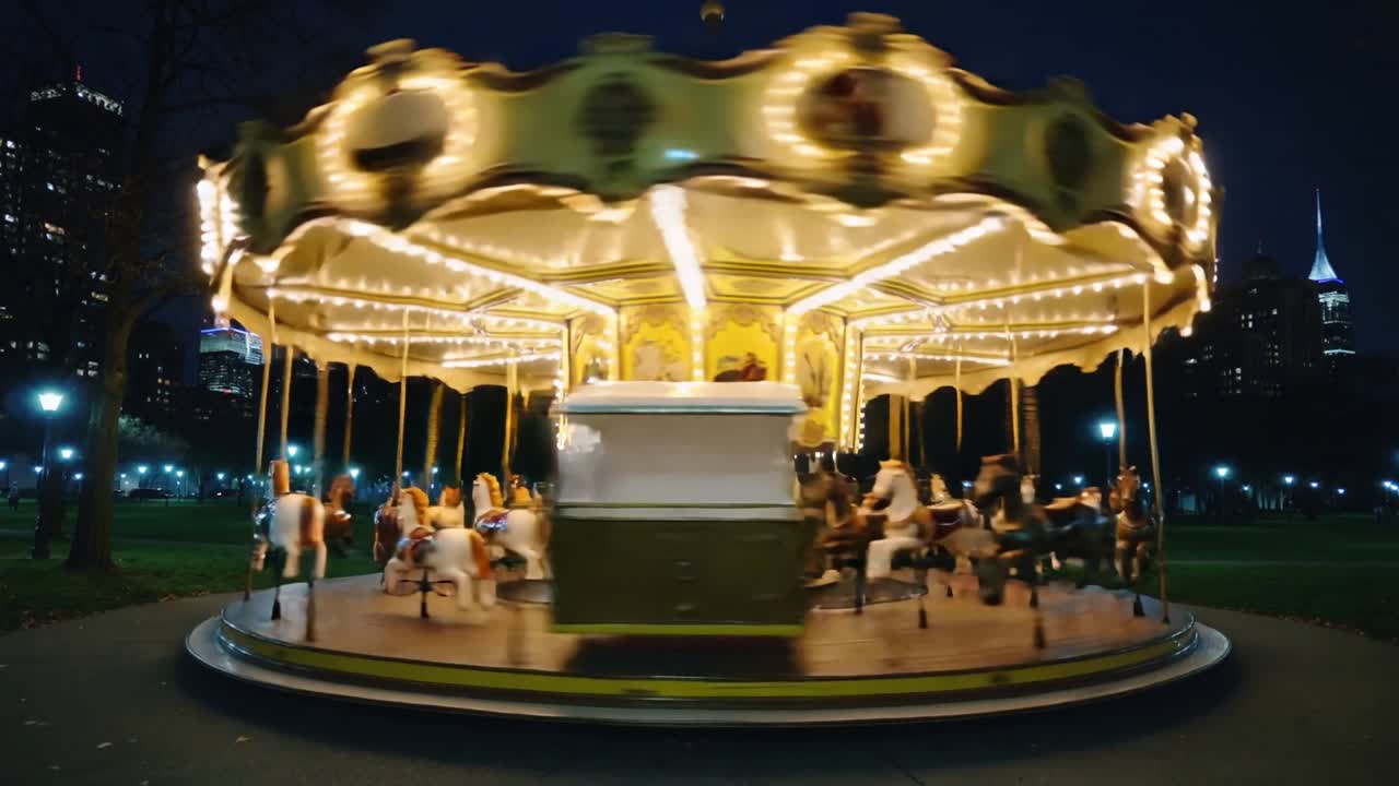 Rotating ornate carousel after booth starting ride, carrying riders in city park at night for fun