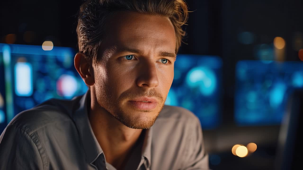 Focused Professional Analyzing Data on Multiple Screens in a Dark Environment, Capturing Intense Concentration with Blue Eyes and a Calm Expression