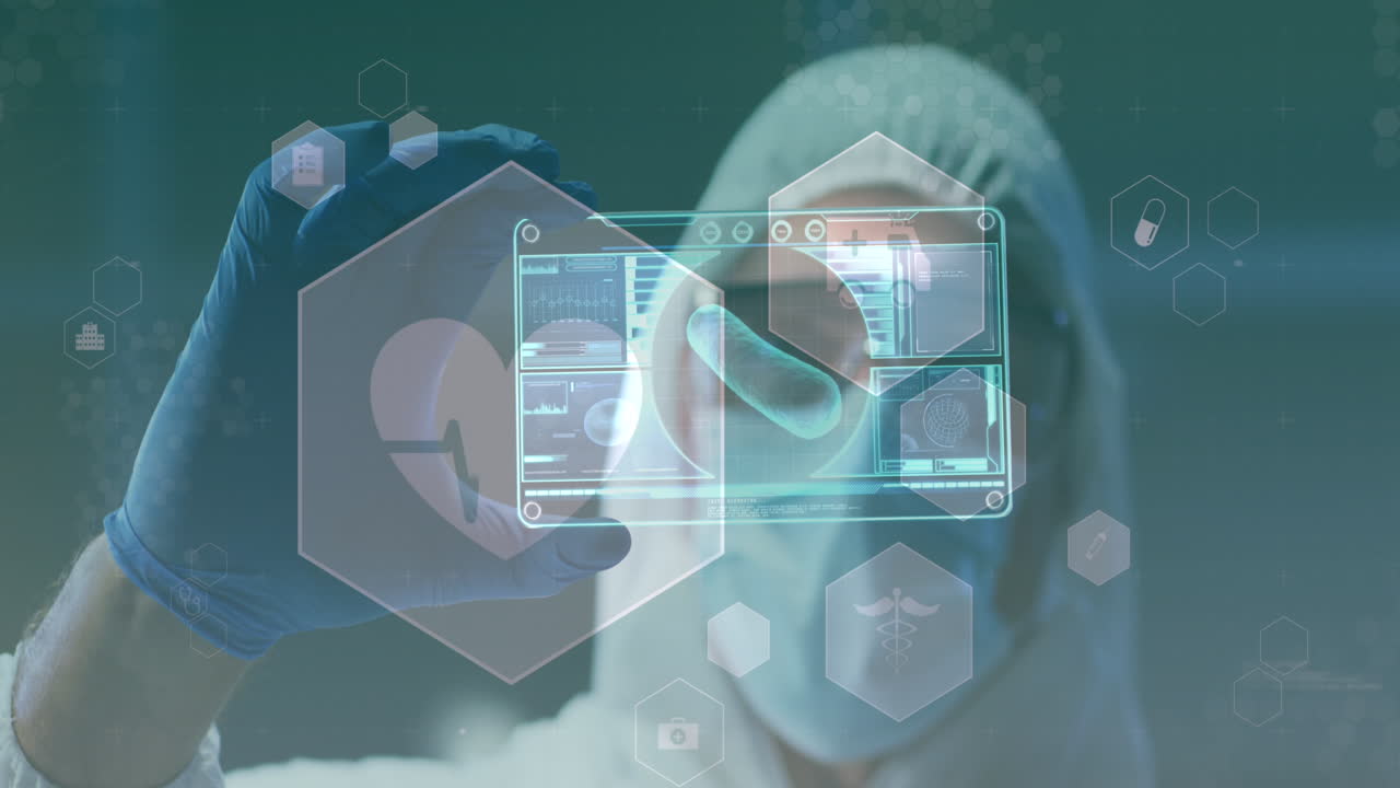 Animation of medical icons over caucasian male doctor wearing face mask