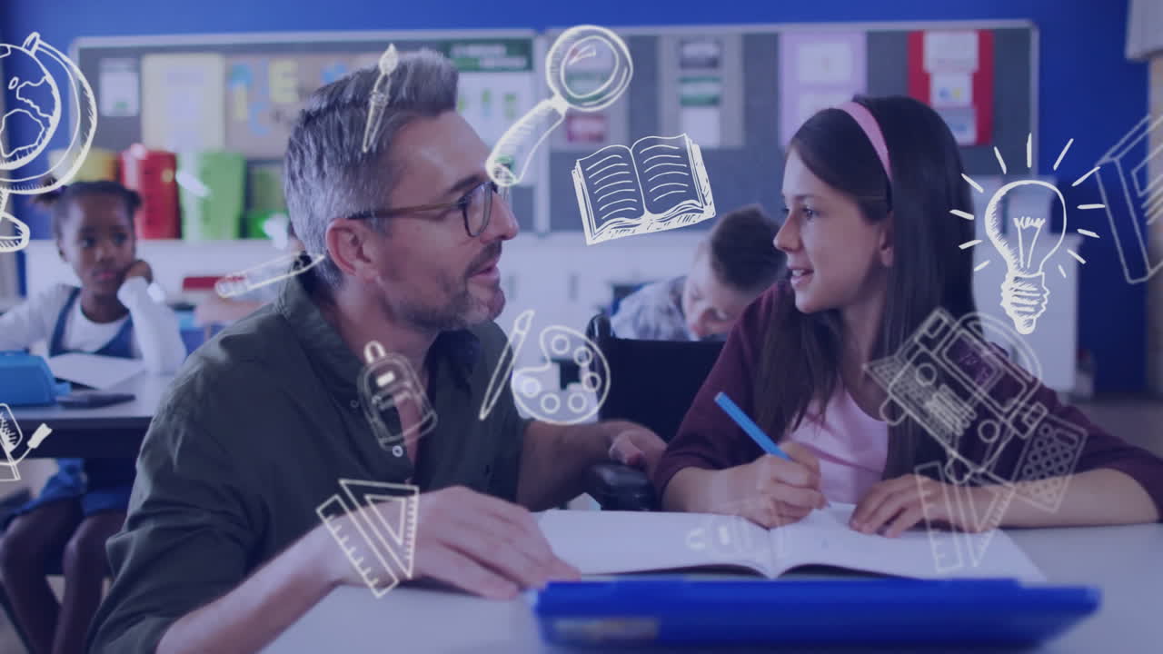 다양한 학교 학생과 남성 교사에 대한 학교 아이콘의 애니메이션