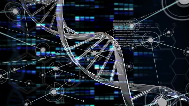 Animation of network of connections over dna strand and data processing on black background