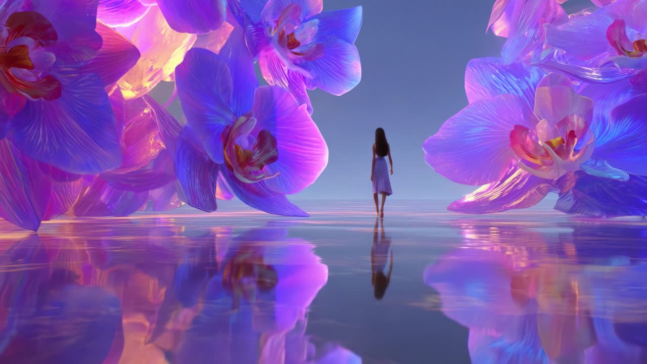 Dreamlike scene with woman and orchids