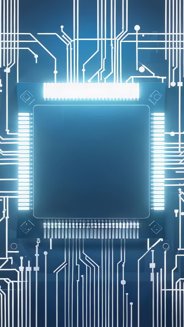 Vertical video: CPU chip receiving signal and lighting pins on PCB, pulsing conductive traces