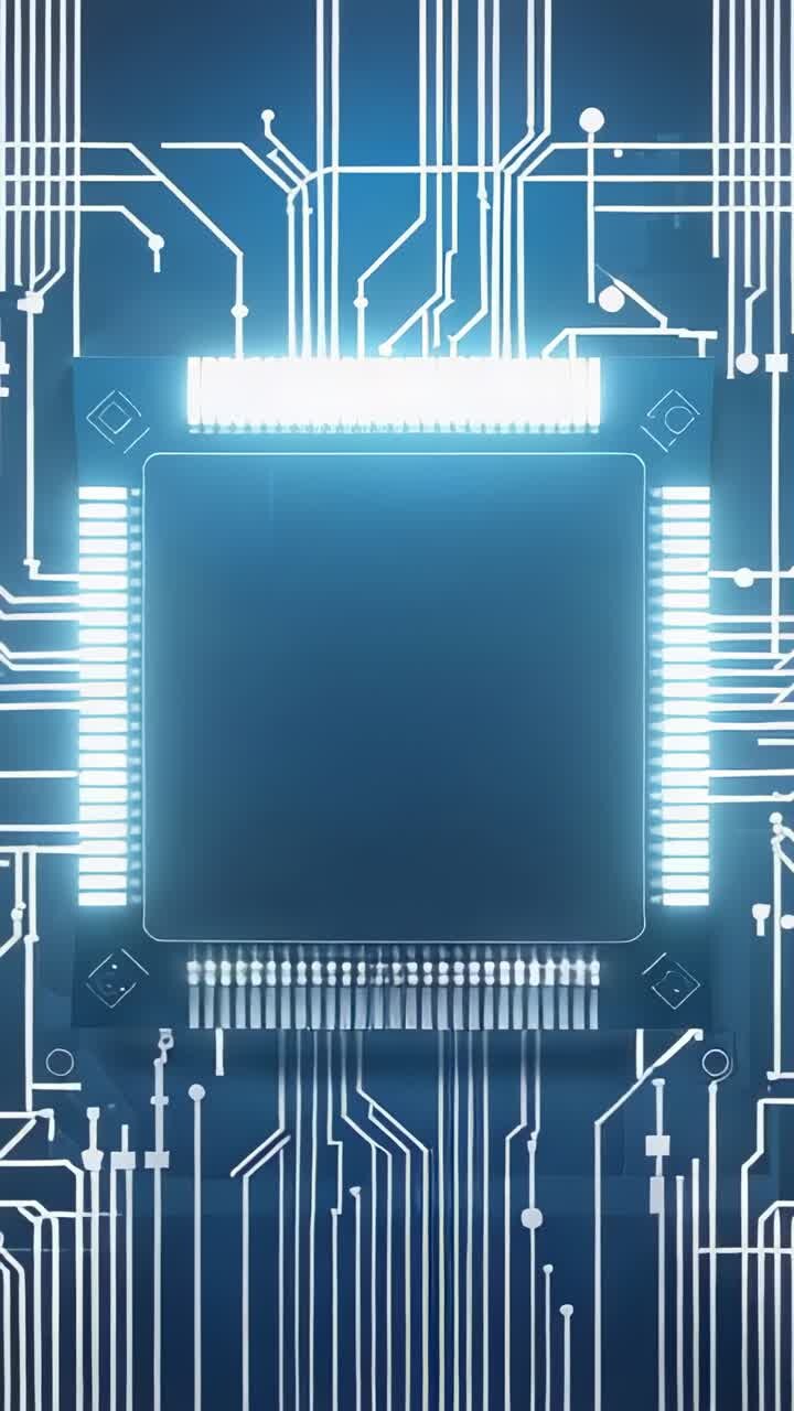 Vertical video: CPU chip receiving signal and lighting pins on PCB, pulsing conductive traces