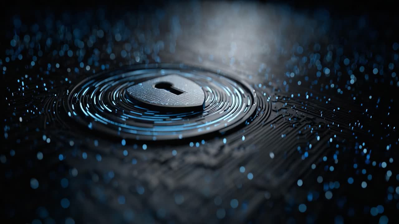 A Close-Up View of a Digital Lock on a Circuit Board Surface, Surrounded by a Dazzling Array of Glowing Blue Particles, Symbolizing Cybersecurity and Protection