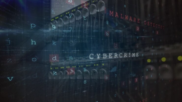 Animation of cyber attack warning over server room